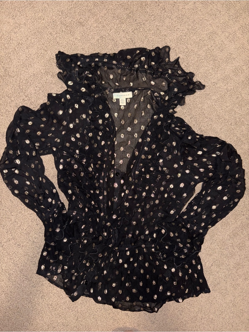 TOPSHOP Black Metallic Dot Ruffle Blouse, Women’s Size 2, like New!